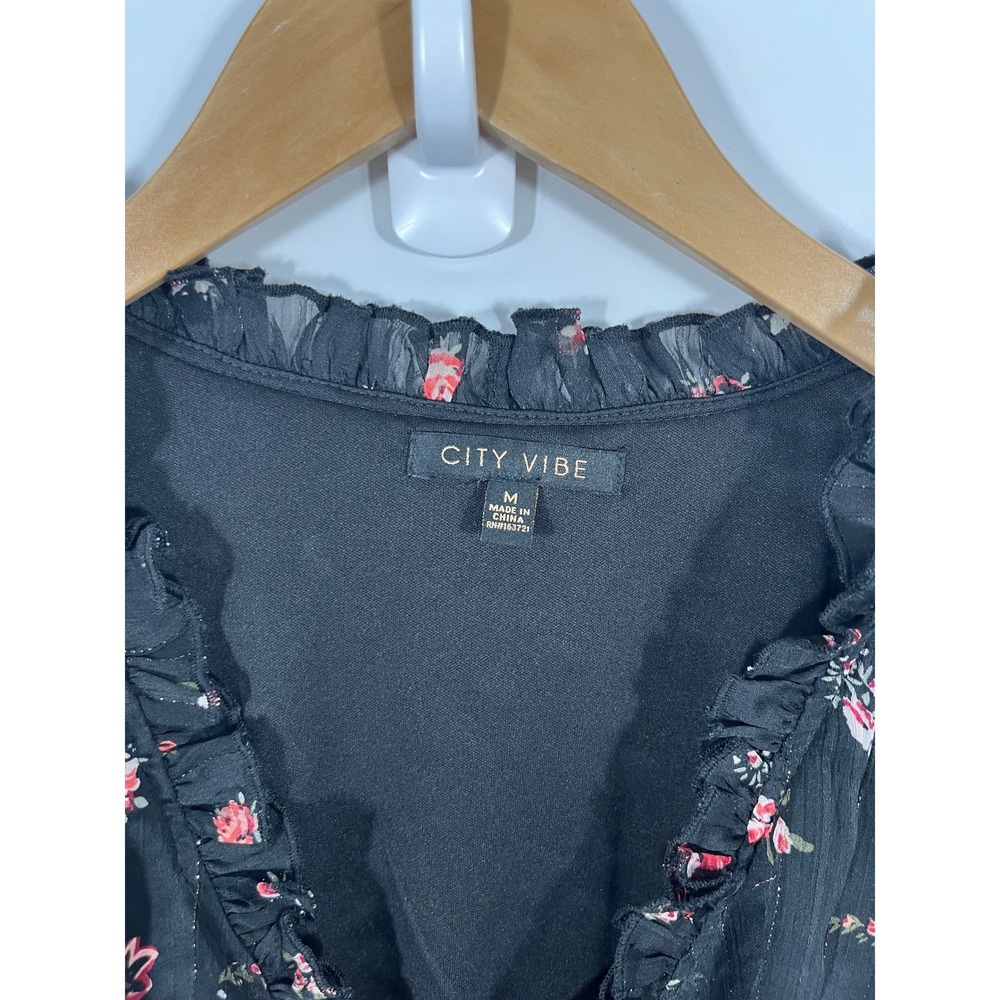 Whimsigoth Dark Fairy Wedding Guest Womens Dress M Black Floral Ruffle Wrap Top - Picture 3 of 8